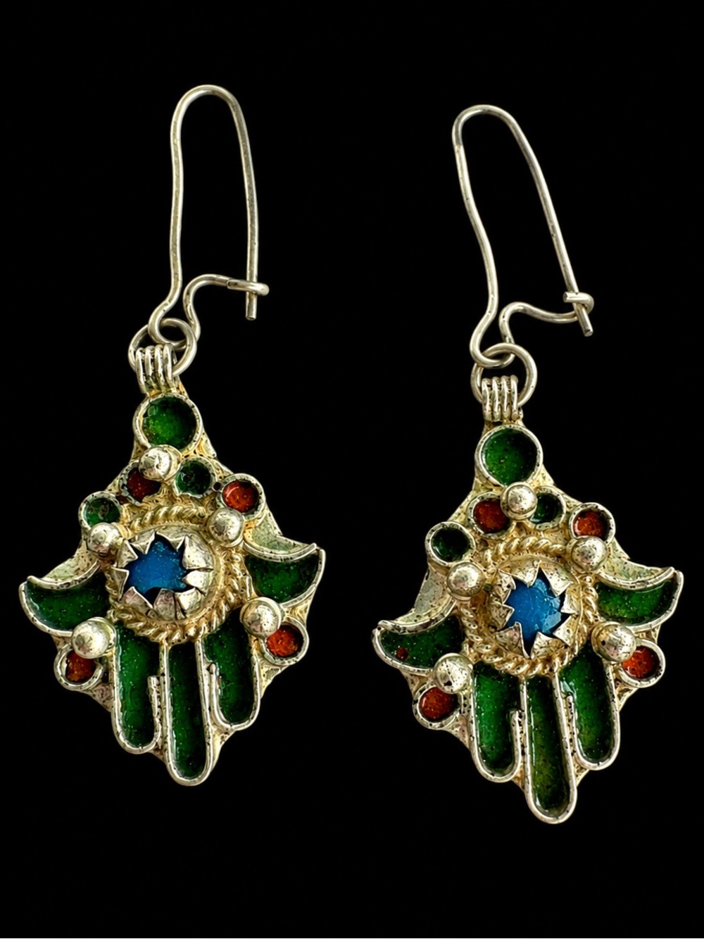 Vintage Moroccan Berber Hamsa Silver Tone Enamel Dangle Earrings Handmade boho